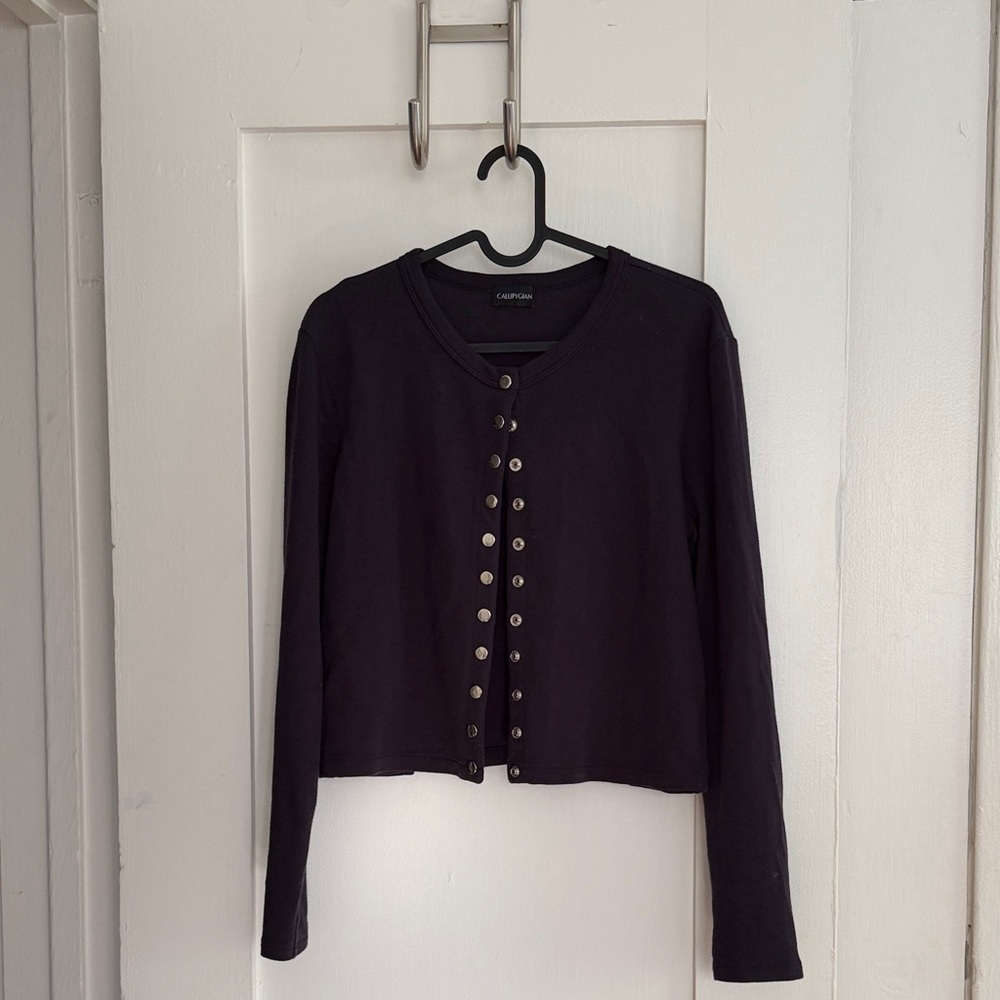 Callipygian Navy Crewneck Long-Sleeve Cardigan with Silver Buttons